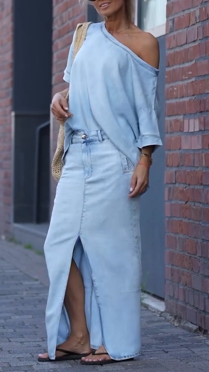 Dámsky ležérny kostým s okrúhlym výstrihom z Tencel denimu